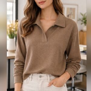 Max Studio Tan Herringbone Polo Sweatshirt Collared Pullover Long Sleeve Size L